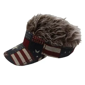 Funny American flag baseball cap with brown curly hair wig for Independence Day party