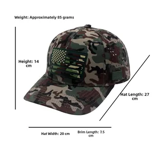 Close-up of camo baseball cap with dimensions: weight 85g, height 14cm, brim 7.5cm