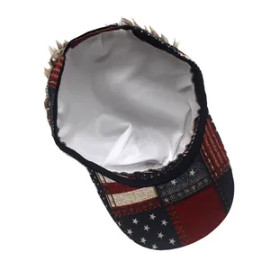 Detail of American flag baseball cap with light brown wig and white inner lining