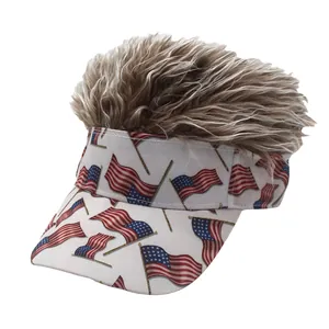 Visière drapeau américain avec perruque de cheveux bruns pour fêtes et sport