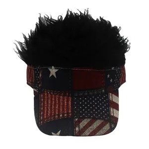 Detail of creative American flag visor cap with spiked black synthetic wig hair top