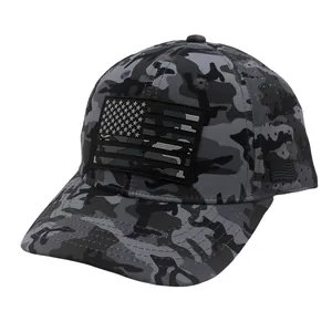 Macro detail of laser-cut ventilation holes on camouflage tactical baseball cap fabric