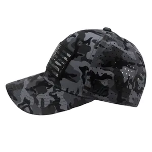 Detail of breathable laser-cut holes and camouflage pattern on tactical baseball cap