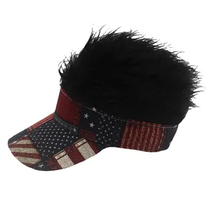 Macro detail of US flag patterned visor featuring messy black synthetic wig hair