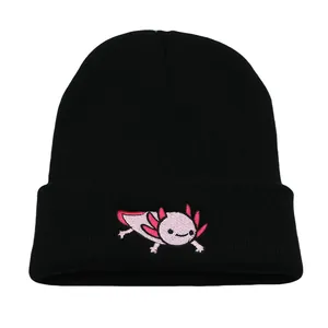 Cartoon Axolotl Embroidered Black Beanie Hat For Men Women Acrylic Knitted Winter Warm Skull Cap Axolotl Embroidery Hat