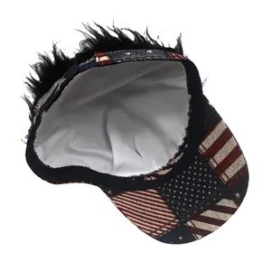 Detail view of the white inner lining and stitching of the US flag wig baseball cap