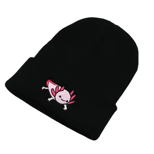 Black knitted beanie featuring a pink axolotl cartoon embroidery for winter warmth
