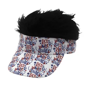 Cappellino visiera parasole con parrucca nera e stampe Red White & Cute con stelle