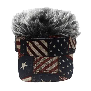 Detail of creative American flag visor cap with realistic grey synthetic wig hair attached