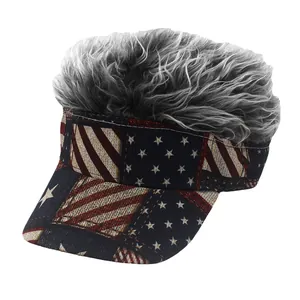 Detail of silver faux hair on top of a vintage US flag pattern baseball party cap