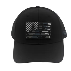 Detail of laser-cut ventilation holes and PVC camo US flag patch on tactical cap