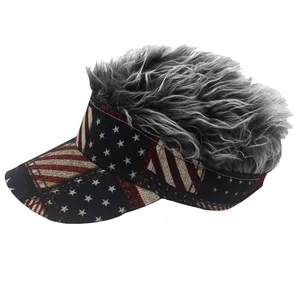 Detail of creative American flag baseball cap featuring shaggy grey-black wig hair on top