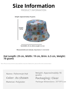 Detailed size chart for polyester bucket hat featuring height 16cm and brim width 6.5cm