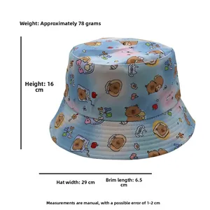 Detailed size specifications for Capybara print bucket hat with dimensions and weight