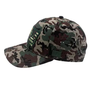 Tactical camouflage baseball cap with laser-cut ventilation holes and American flag patches
