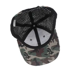 Internal view of camouflage USA flag baseball cap featuring breathable mesh and polyester