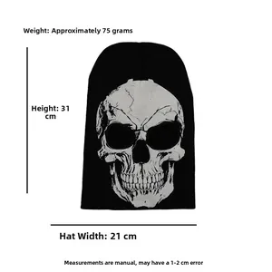 Luminous skull print knitted beanie for Halloween with size and weight dimensions shown