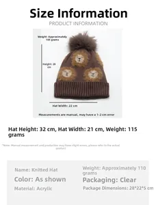 Size specifications for kids' lion knit hat with dimensions and material details