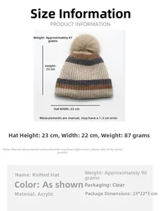 Size specifications for striped knit beanie with faux fur pom pom and acrylic material