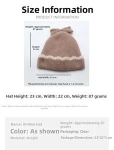 Tableau des tailles détaillé pour bonnet tricoté enfant avec dimensions 23cm et 22cm