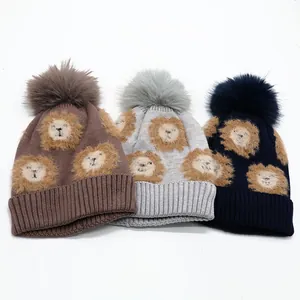 Kids Cartoon Lion Knitted Beanie Hat With Pom Pom Winter Warm Fleece Lined Thick Crochet Skull Cap For Children Boys Girls