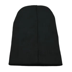 Detailed close-up of a black ribbed knit beanie showing texture and elastic material