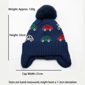 Kids navy car jacquard knit hat with pom-pom and warm fleece lining for winter