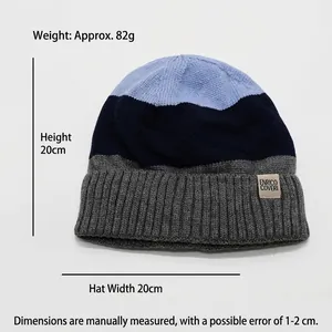 Kids warm knit beanie hat with three-color patchwork and fleece lining for winter