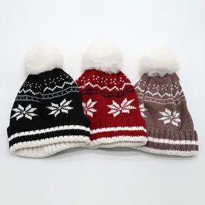 Bonnet d'Hiver pour Enfants Bonnet en Maille Jacquard Flocon de Neige Avec Pompon en Fausse Fourrure Chaud pour Noël