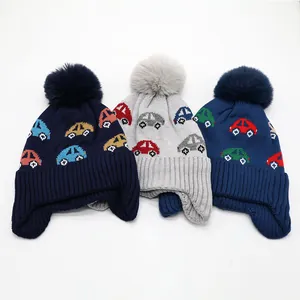 Kids Winter Knit Beanie Hat With Cartoon Car Pattern Pom Pom Ear Flap Warm Fleece Lined Cap For Boys Girls
