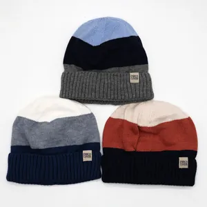 Kids Knitted Beanie Hat Warm Acrylic Color Blocked Striped Patch Winter Thickened Cuffed Skull Cap For Children Boys Girls