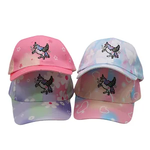 Berretto da Baseball Ricamato con Unicorno per Bambini Sfumatura Tie Dye Cappello da Sole Cartoon per Ragazze Cotone Traspirante Regolabile