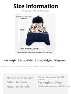 Detaillierte Größentabelle für Kinderstrickmütze mit Baufahrzeug-Motiv und Maßen