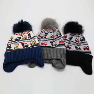 Kinder Winter Strickmütze Fleece Gefüttert Warm Bommel Ohrenklappen Kappe Cartoon Bagger Baufahrzeug Muster Kinder Outdoor Kopfbedeckung