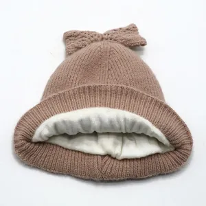 Bonnet tricoté pour enfants avec nœud décoratif et doublure épaisse en polaire