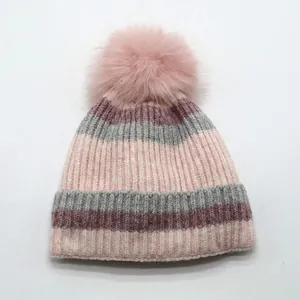 Striped knit beanie for kids with pink pom-pom and warm fleece lining for winter wear