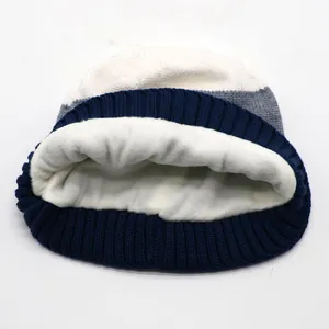 Three-color striped knit hat with warm fleece lining for kids in white, grey and blue