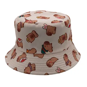 Beige reversible bucket hat featuring cute cartoon Capybara prints for sun protection