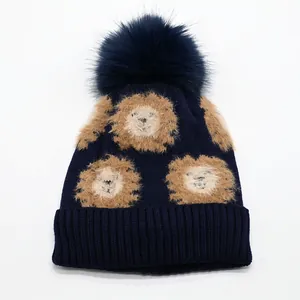 Navy blue lion cartoon knit hat for kids with plush pompom and warm fleece lining