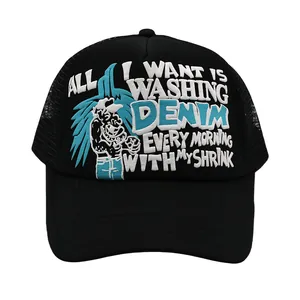 Unisex Mesh Trucker-Kappe Mit Puff-Druck Buchstaben Cartoon Amerikanische Retro Atmungsaktive Verstellbare Polyester Baseballkappe Für Outdoor