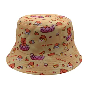 Detail of Capybara print on double-sided sun hat with vibrant orange cartoon pattern