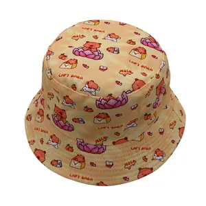 Detailed view of Capybara print fisherman hat with flowers and Nice text patterns