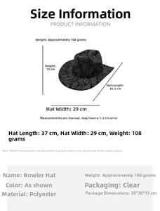 Detailed size specifications for skull print western cowboy hat with polyester fabric
