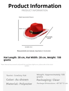Maattabel met hoogte 13,5 cm en lengte 38 cm voor de rode polyester kerstman cowboyhoed