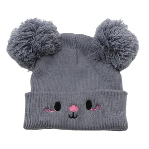 Kids grey knitted beanie with double pom-poms and cute embroidered bear face detail