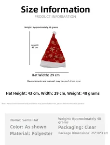 Size chart for red Christmas plush hat with gold snowflake print and 43cm height