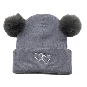 Kids grey-purple knitted hat with double faux fur pom poms and white heart embroidery
