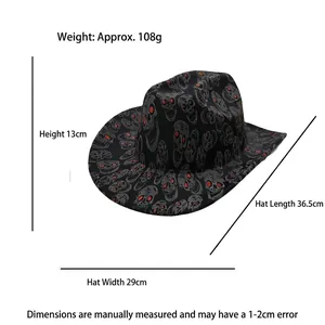 Western cowboy hat with skull pattern print and size dimensions shown on white background