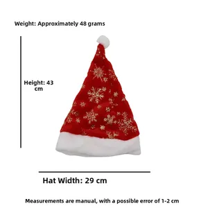 Red plush Santa hat with gold snowflakes and dimensions 43cm by 29cm shown in center