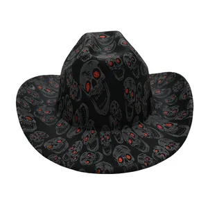 Western Cowboy Hat Polyester Skull Print Halloween Party Hat With Red Glitter Eyes Gothic Wide Brim Costume Hat For Men Women